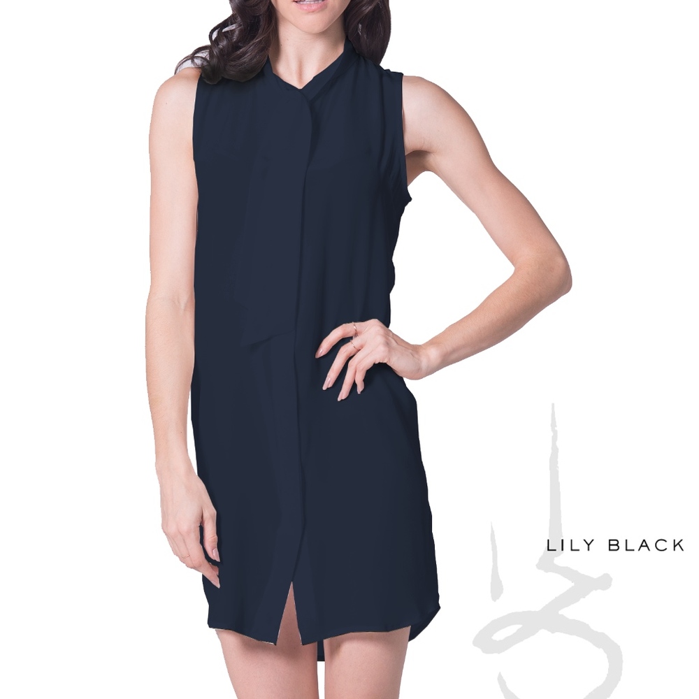 ⟪NWT⟫Lily Black Silk Navy Slvless Shirt Dress (sm)